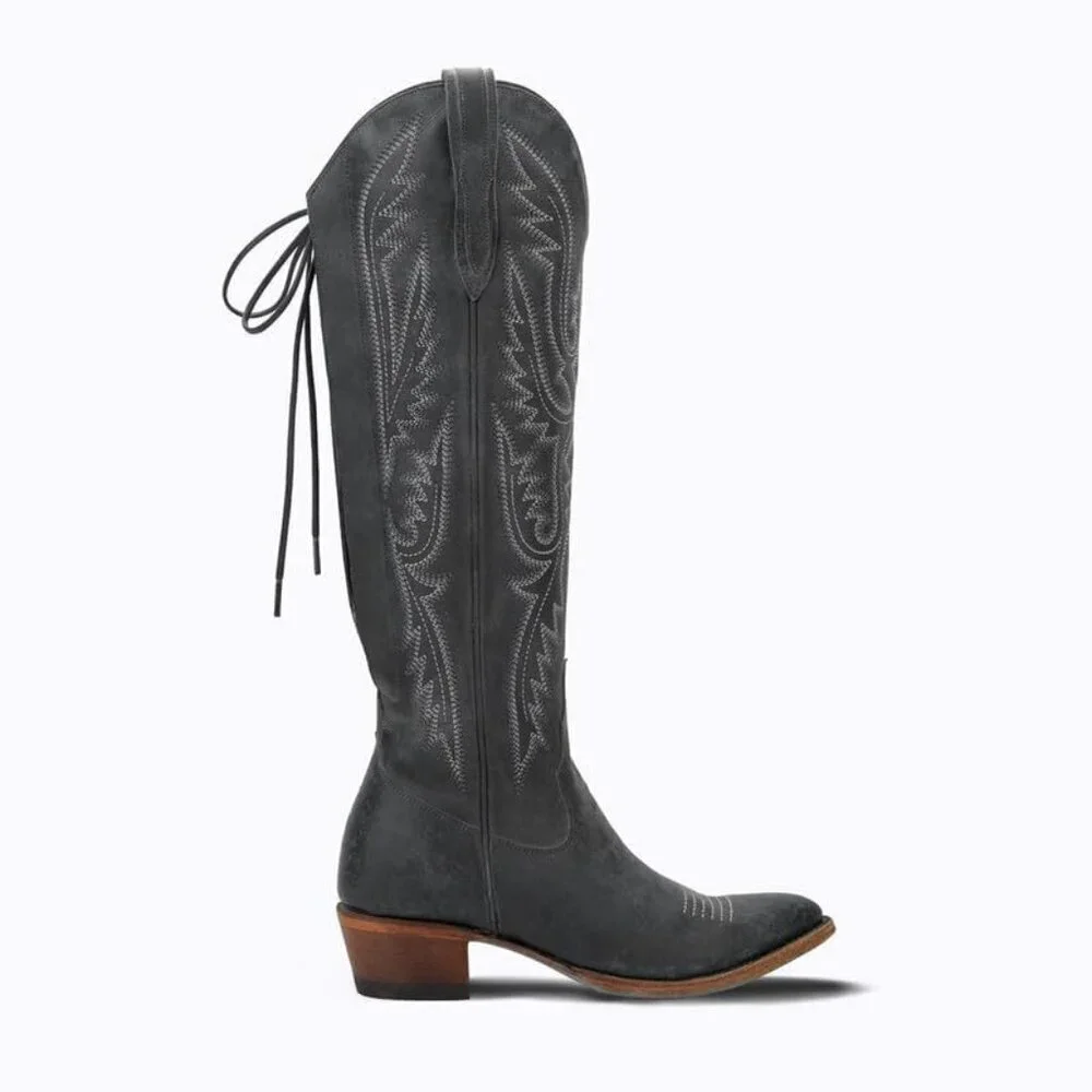 🆕Women Black Polyurethane Over the Knee Adjustable Thigh High Cowgirl Boot